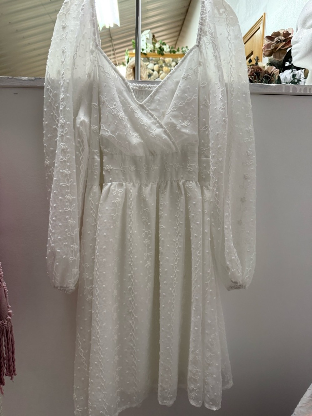 White Embroidered Dress With Lining